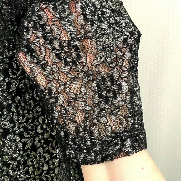 Black Silver Lace Embellished Metallic Top Blouse - Picture 3 of 7